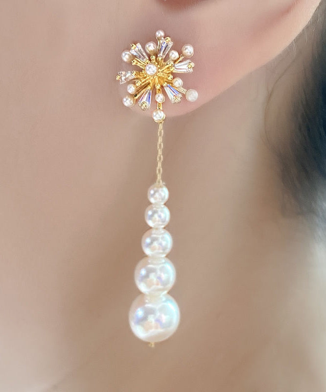 Classy White Alloy Snowflakes Pearl Tassel Drop Earrings ET020