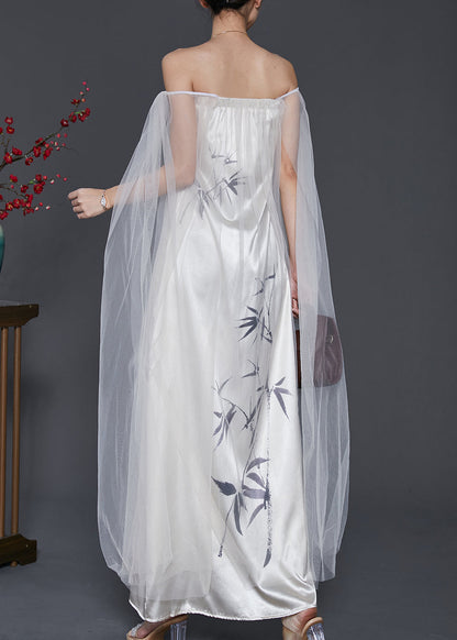 Robe élégante en tulle patchwork à épaules dénudées blanche pour l'été SD1079