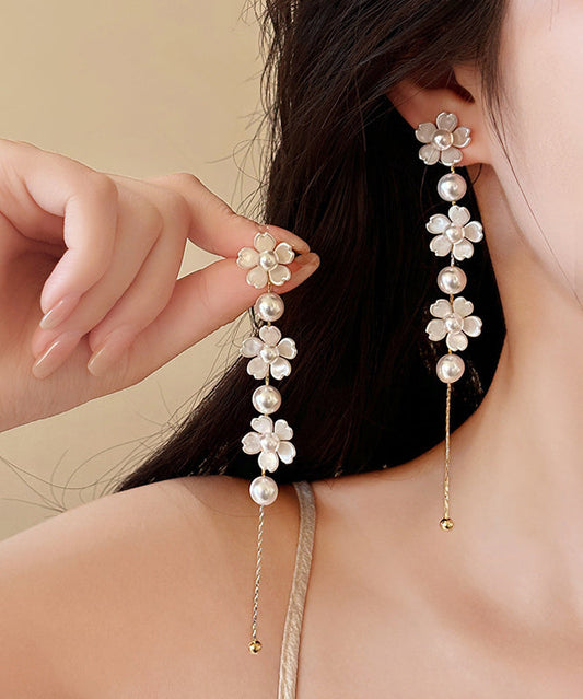 Earrings Pearl Drop Copper White Floral Classy Tassel