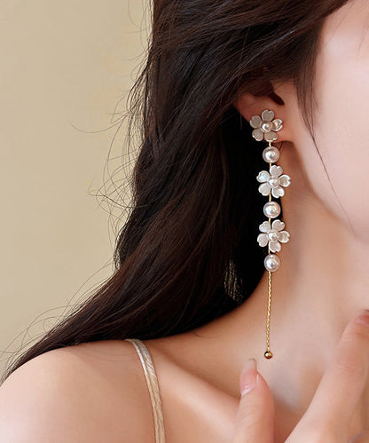 Earrings Pearl Drop Copper White Floral Classy Tassel