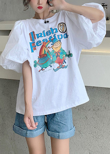 Edle Sommer-Puff-Tanks aus Baumwolle mit Ärmeln, Print, Weiß