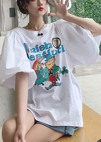 Edle Sommer-Puff-Tanks aus Baumwolle mit Ärmeln, Print, Weiß