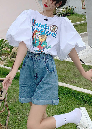 Edle Sommer-Puff-Tanks aus Baumwolle mit Ärmeln, Print, Weiß