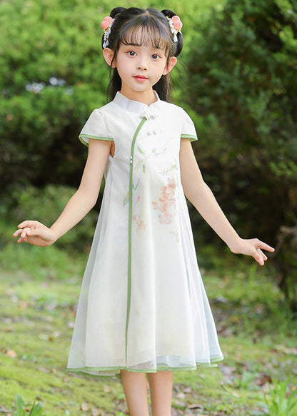 Robe longue en tulle blanc à col montant et imprimé pour fille, tenue d'été élégante, MN025