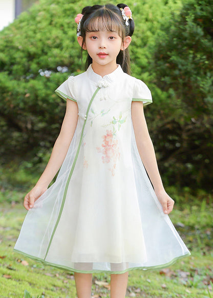 Robe longue en tulle blanc à col montant et imprimé pour fille, tenue d'été élégante, MN025