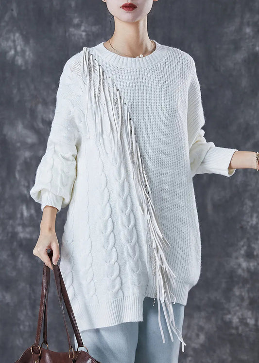 Classy White Tasseled Patchwork Knit Knit Sweater Dress Winter Ada Fashion