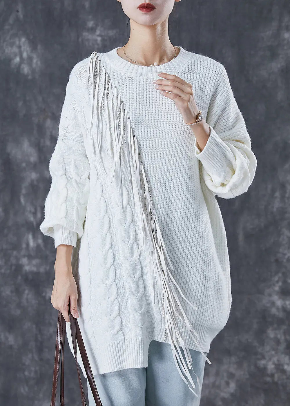 Classy White Tasseled Patchwork Knit Knit Sweater Dress Winter Ada Fashion