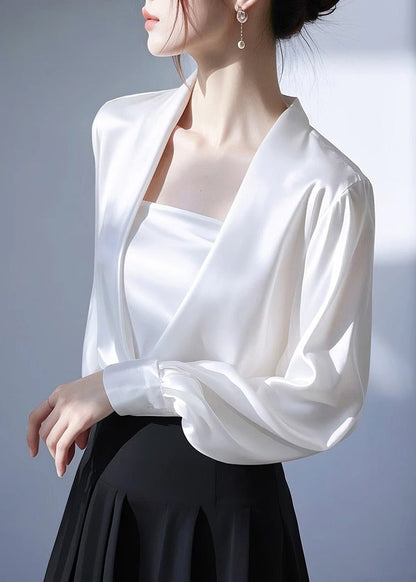 Neck Spring White V Shirt Satin Solid Classy