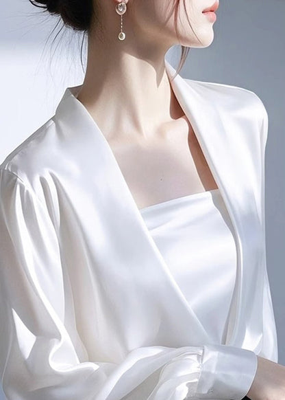 Neck Spring White V Shirt Satin Solid Classy
