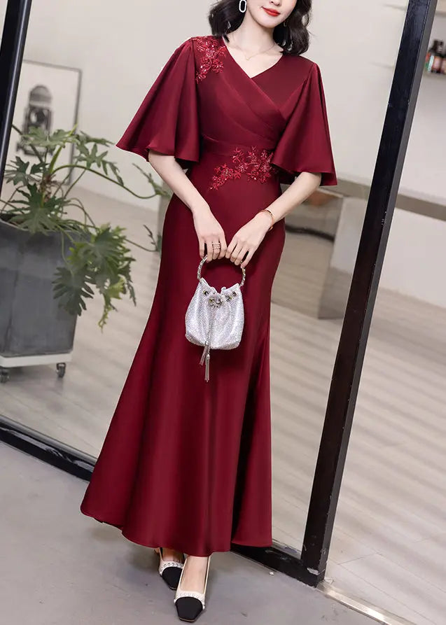 Classy Wine Red V Neck Embroidered Cotton Long Dresses Butterfly Sleeve Ada Fashion