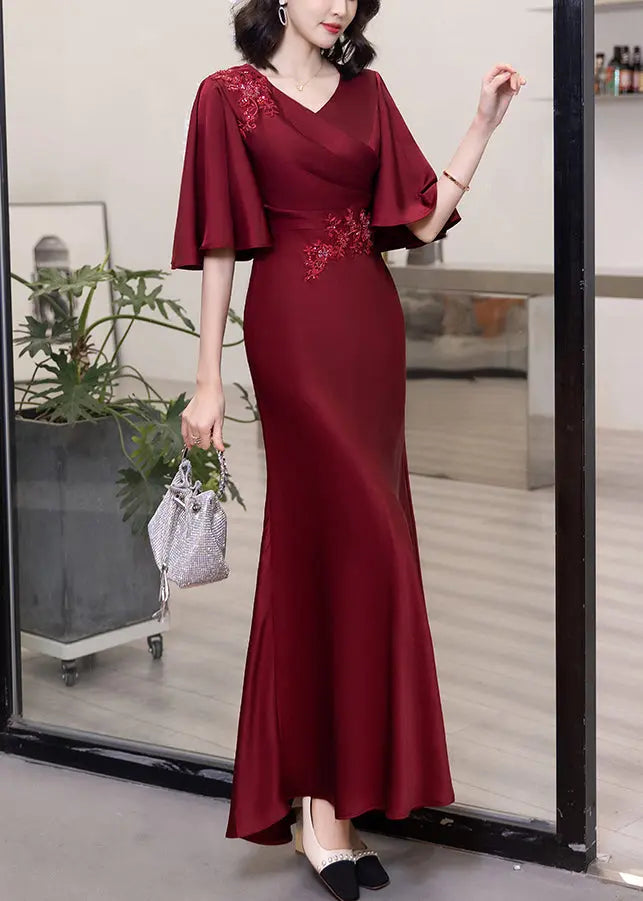 Classy Wine Red V Neck Embroidered Cotton Long Dresses Butterfly Sleeve Ada Fashion