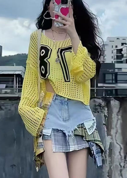 Gestickte Hohl Classy Sommer Tops Out Gelb Strick