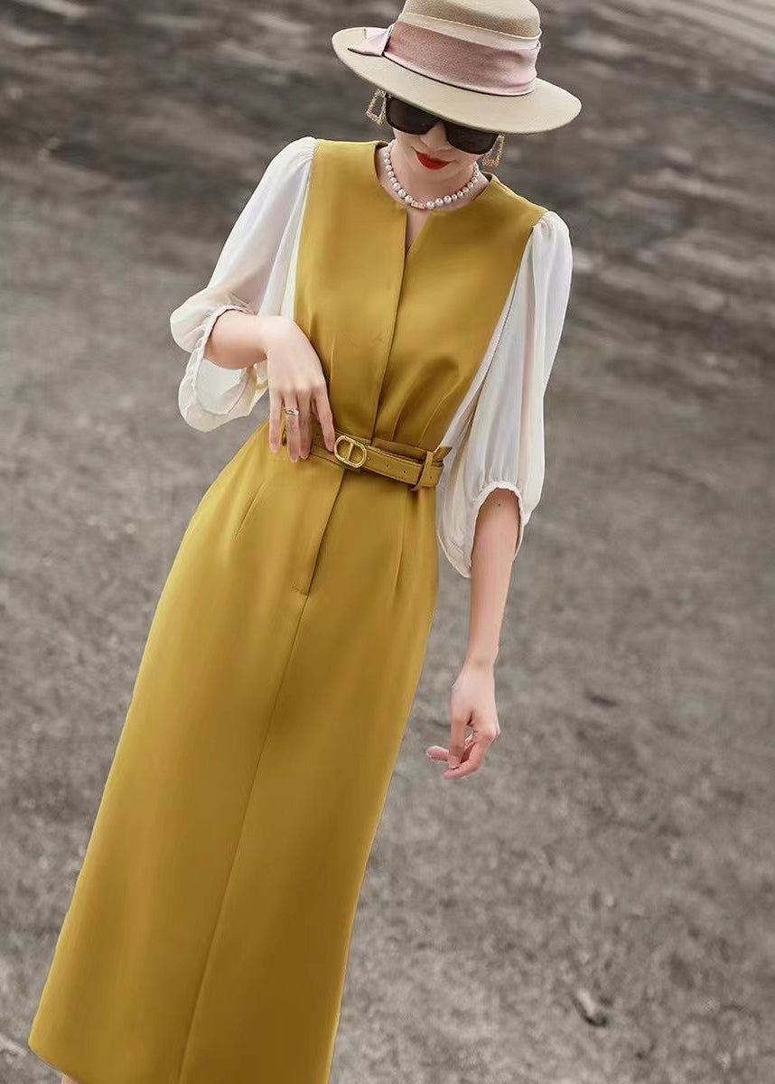 Classy Yellow O Neck Tie Waist Cotton Dress Bracelet Sleeve EE1020