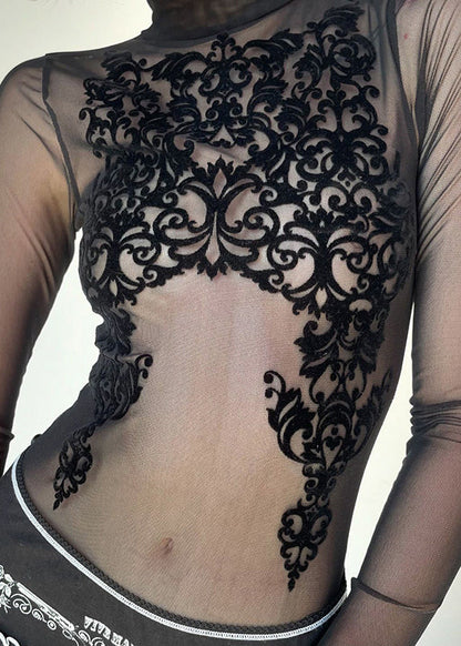 Patchwork Club – Transparenter Body aus schwarzem Netzstoff