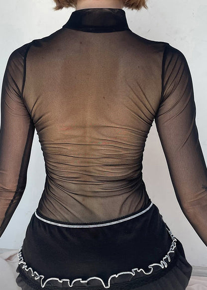 Patchwork Club – Transparenter Body aus schwarzem Netzstoff