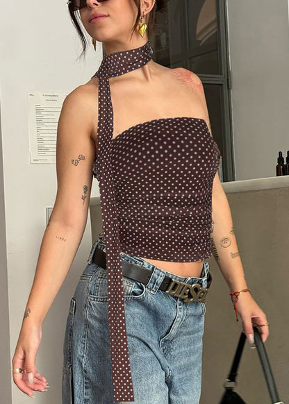 Trägerloses Baumwoll-Top mit Punkten in Kaffeebraun