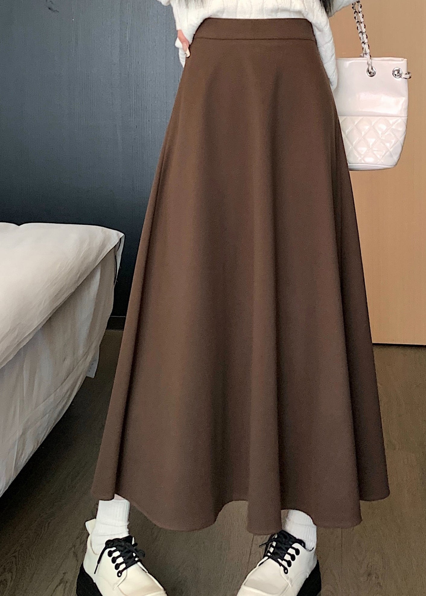 Coffee High Waist Elastic Waist Wrinkled Skirts Spring QQ1014