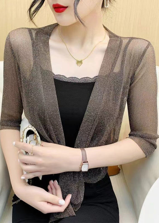 Coffee Lace Up Tulle Cardigan V Neck Half Sleeve Ada Fashion