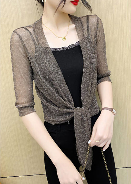 Coffee Lace Up Tulle Cardigan V Neck Half Sleeve Ada Fashion