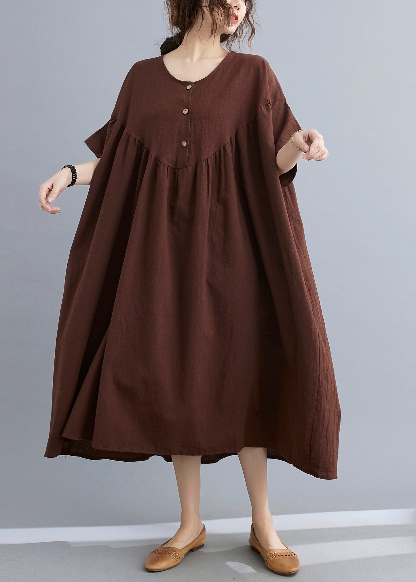 Coffee O-Neck Wrinkled Maxi Dresses Summer GH1049