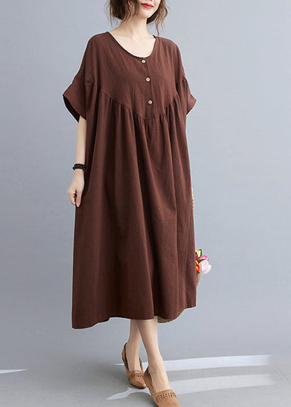 Robe longue froissée à col rond et à imprimé café pour l'été GH1049