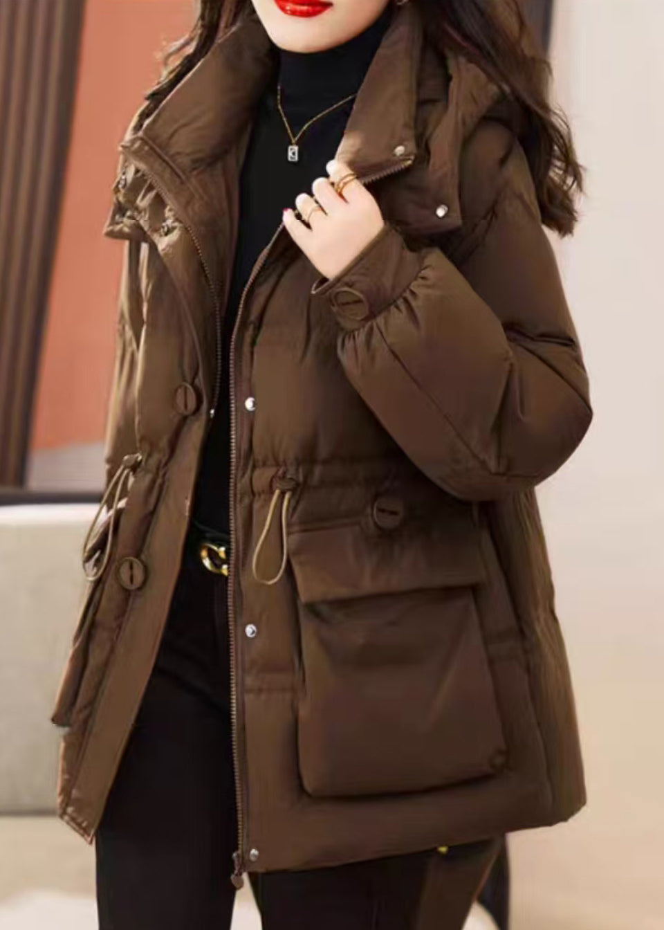 Kaffee Taschen Feine Baumwolle Gefüllt Witner Jacke Kordelzug Winter TD036