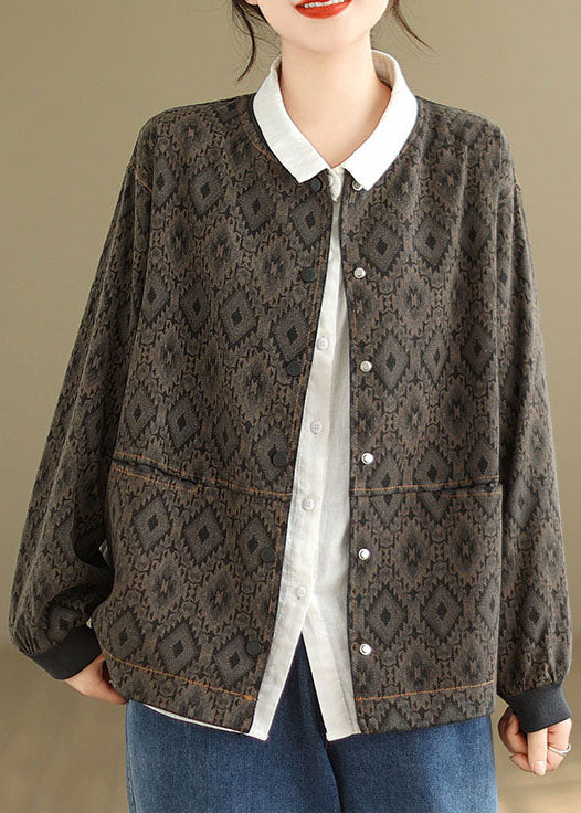 Vestes en jean à imprimé poches café et col rond, printemps TJ002