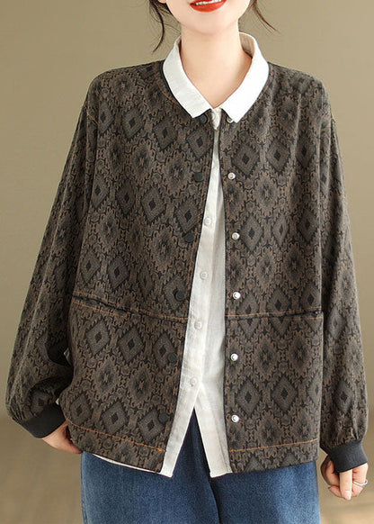 Vestes en jean à imprimé poches café et col rond, printemps TJ002