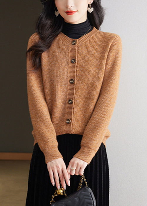 Coffee Solid Cozy Knit Fall Cardigans O Neck QS002