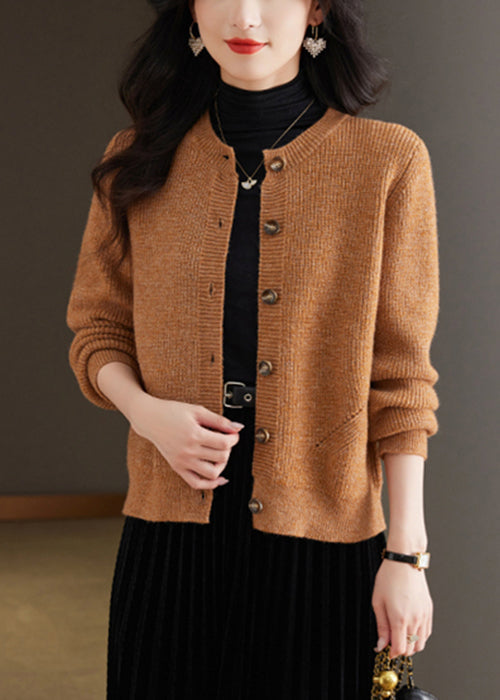 Coffee Solid Cozy Knit Fall Cardigans O Neck QS002