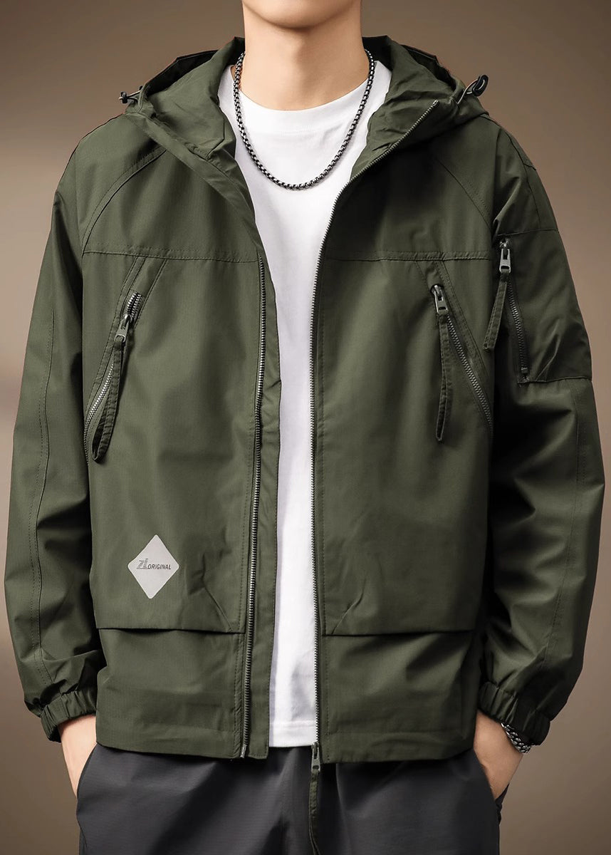 Manteau à capuche en coton avec cordon de serrage et fermeture éclair pour homme