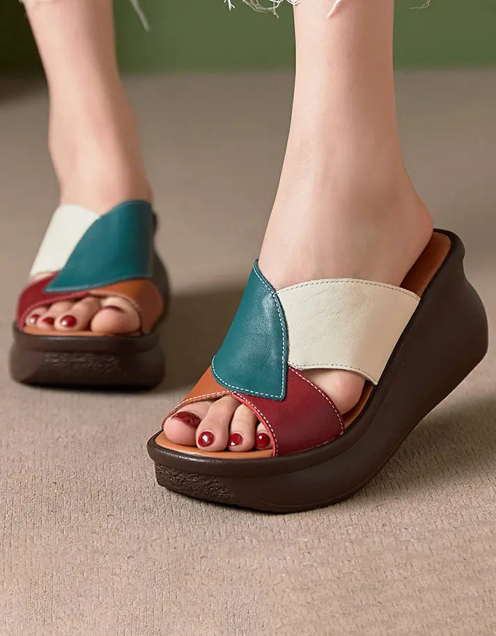 Color Matching Retro Leather Wedge Slippers Ada Fashion