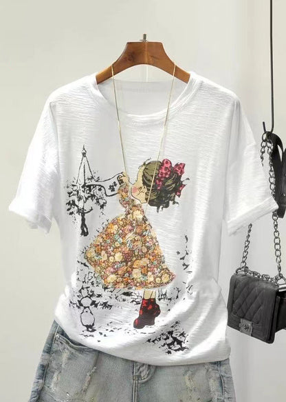 Colorblock Cartoon Print Cotton Top O Neck Short Sleeve GH1004