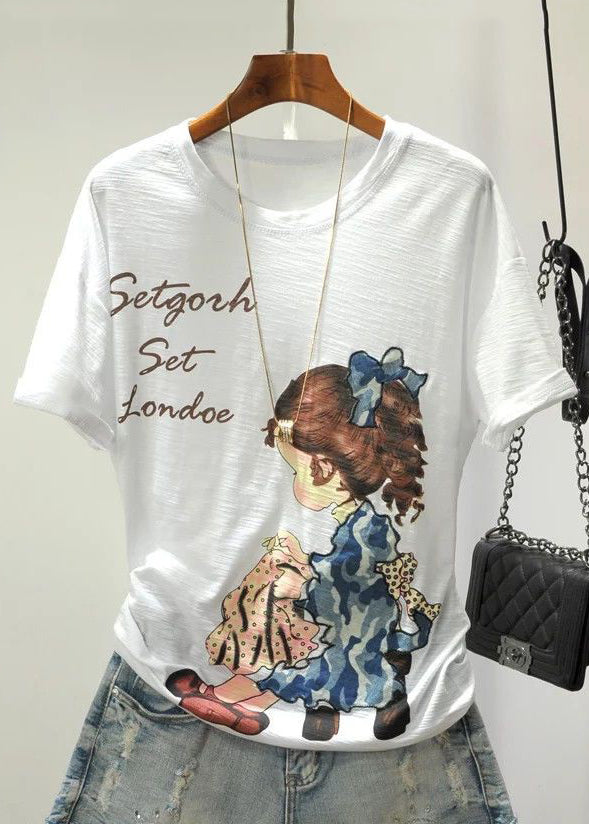 Colorblock Cartoon Print Cotton Top O Neck Short Sleeve GH1004