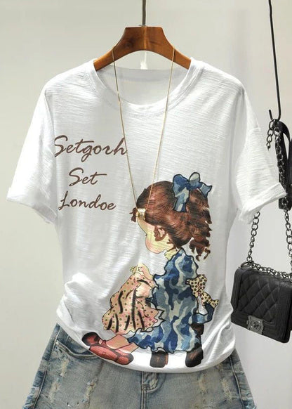 Colorblock Cartoon Print Cotton Top O Neck Short Sleeve GH1004