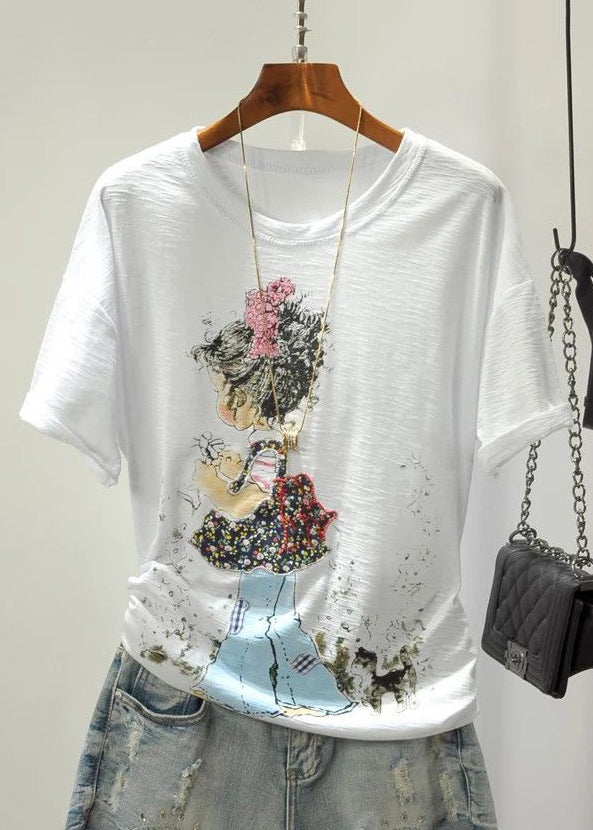Colorblock Cartoon Print Cotton Top O Neck Short Sleeve GH1004