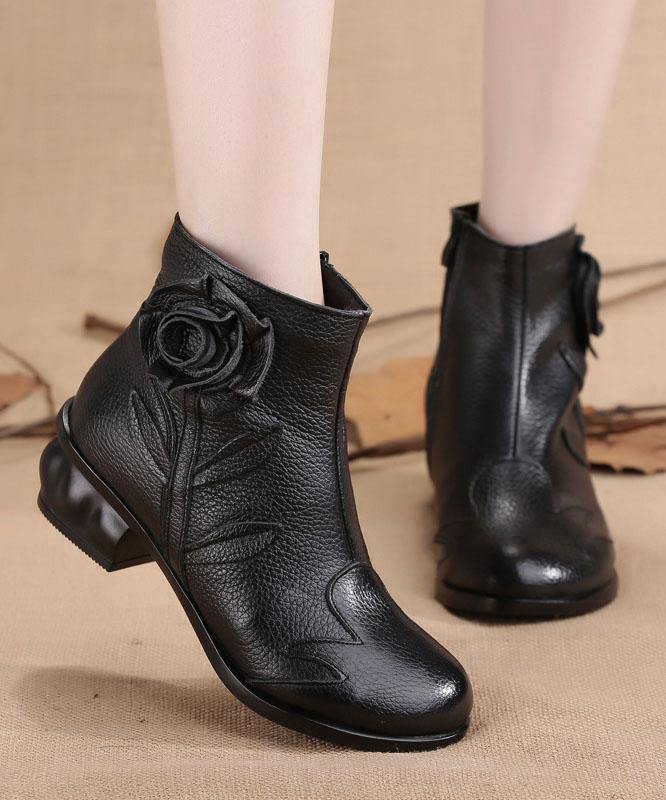 Comfortable Splicing Chunky Boots Black Cowhide Leather RD019