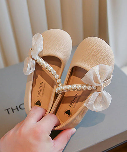 Chaussures plates confortables en cuir beige pour enfants, avec boucle, clous, perles, nœud, fausses perles
