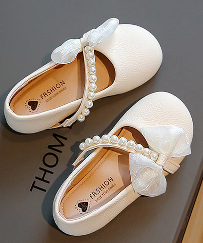 Chaussures plates confortables en cuir beige pour enfants, avec boucle, clous, perles, nœud, fausses perles