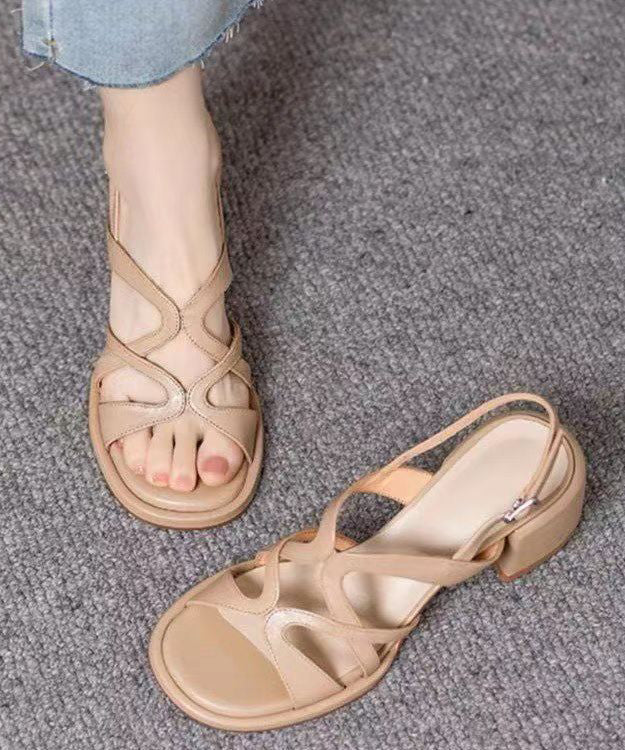 Bequeme Sandalen mit klobigem Absatz in Beige, echtes Leder, mit ausgehöhlten Zehen, XC1018