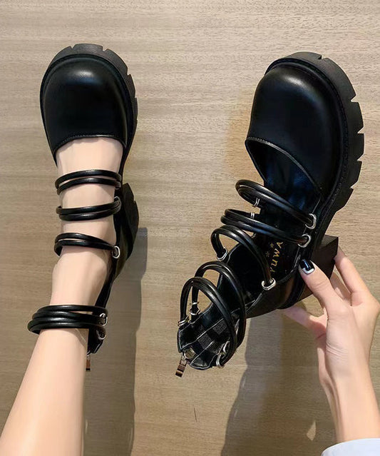 Comfy Chunky Heel Sandals Black Hollow Out Faux Leather RT1013