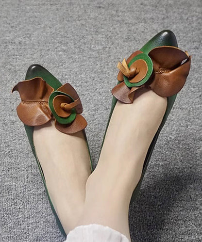 Chaussures plates confortables à bout pointu en cuir de vachette vert pour femmes CZ1045