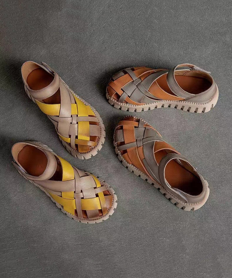 Comfy Hollow Out Splicing Platform Sandals Yellow Cowhide Leather DD1050