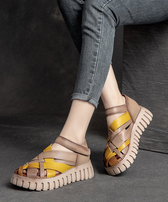 Comfy Hollow Out Splicing Platform Sandals Yellow Cowhide Leather DD1050