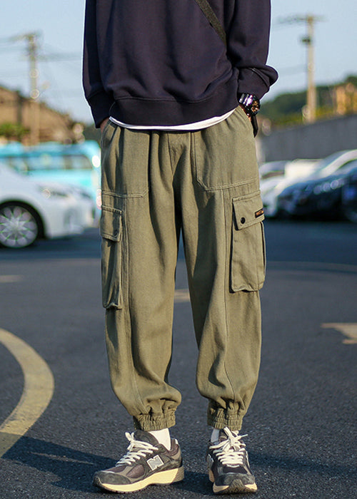 Pantalon polaire vert chaud et élastique à la taille pour homme, poches style armée