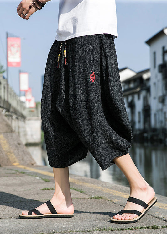 Cool Black Embroideried Pockets Cotton Mens Crop Pants Summer SA045