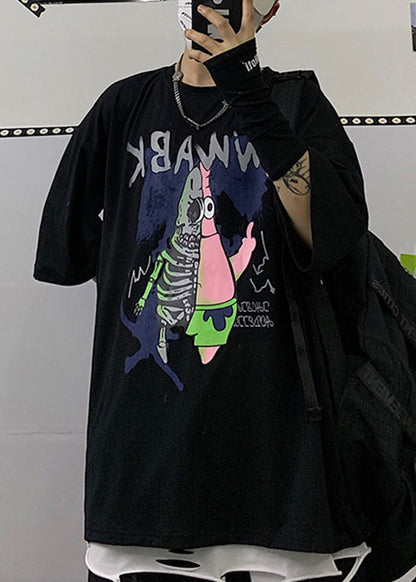 Baumwolle Ärmel Cartoon Print Shirts T Männer Cool Schwarz Halbe Neck O