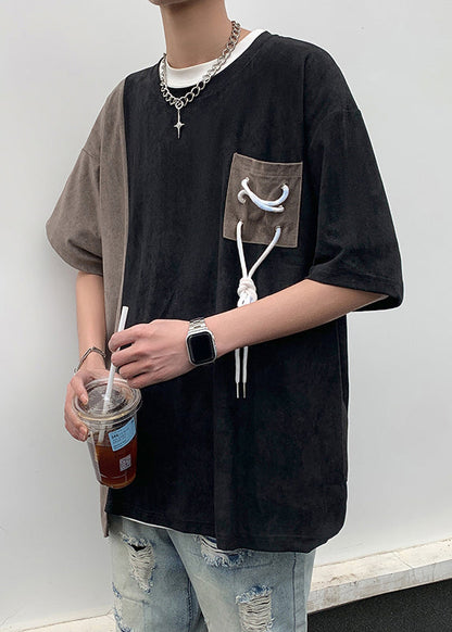 Chemises cool en daim noir pour hommes avec col patchwork et fausses poches