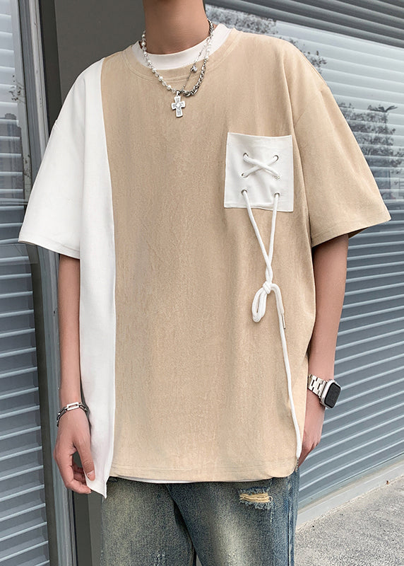 Chemises cool en daim noir pour hommes avec col patchwork et fausses poches