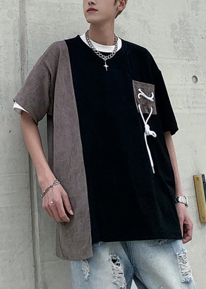 Chemises cool en daim noir pour hommes avec col patchwork et fausses poches